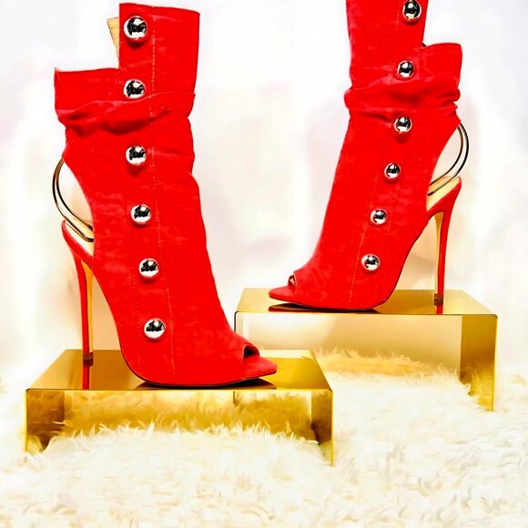 Liliana Fierce Red Peep-Toe Stiletto Booties Silver Button Detail Statement Heel - Picture 3 of 10